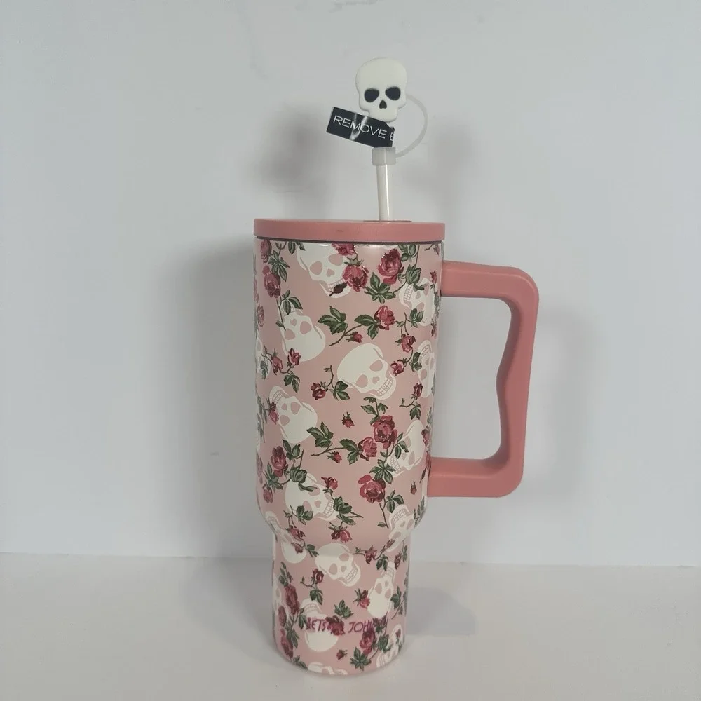 Betsey Johnson Skull Rose Pink 30oz Tumbler Handle Straw Insulated